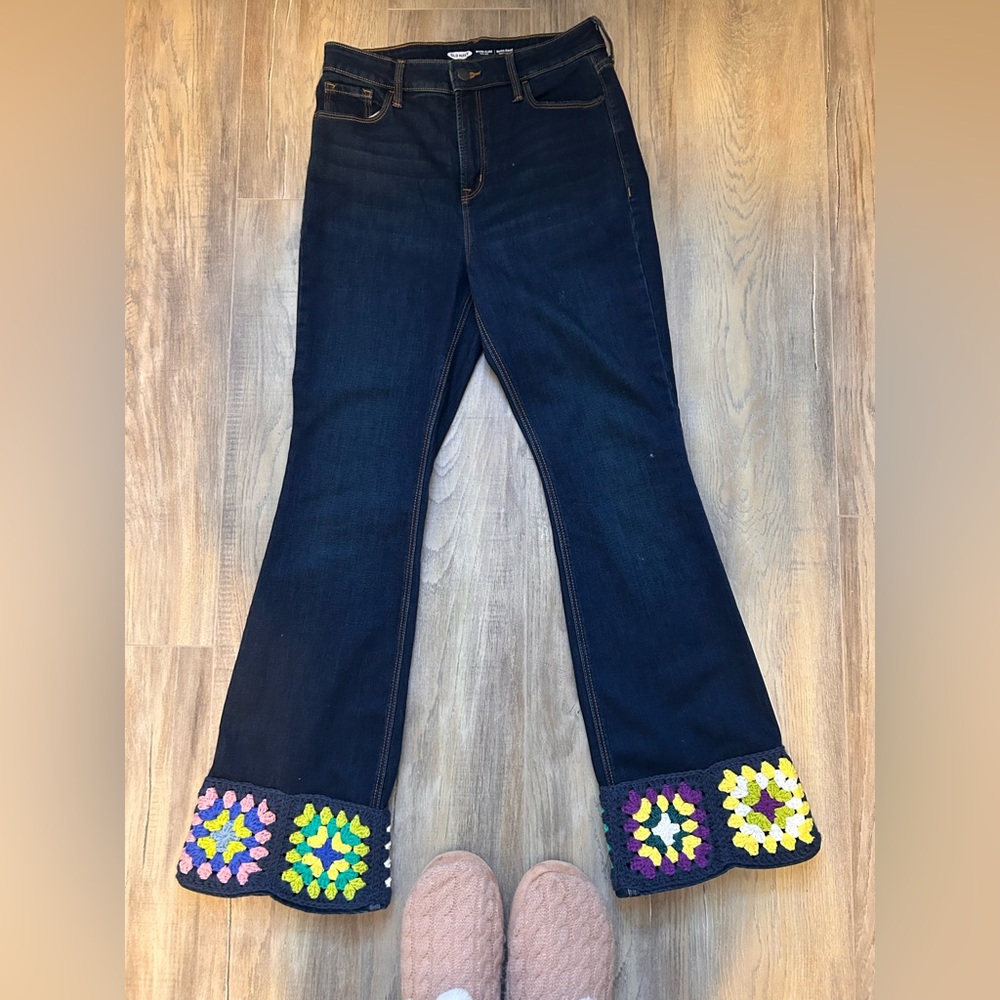 Up cycled designed Women's Blue navy Jeans with Crochet Hem